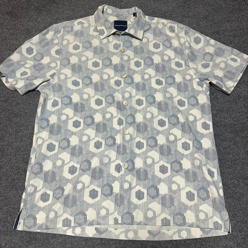 Tommy‎ Bahama Mens Large 100% Silk Geometric Hexagon Button Down Shirt